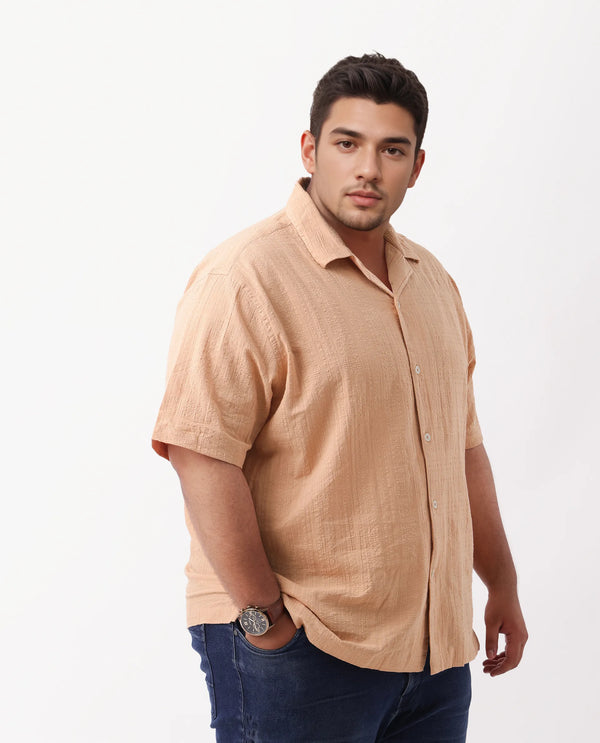 Rare Rabbit Men's Dara-L Dusky Peach Cotton Fabric Half Sleeve Cuban Collar Button Closure Plus Size Fit Checked Shirt