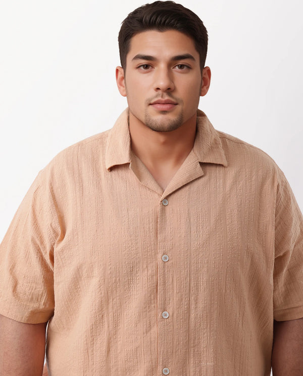 Rare Rabbit Men's Dara-L Dusky Peach Cotton Fabric Half Sleeve Cuban Collar Button Closure Plus Size Fit Checked Shirt