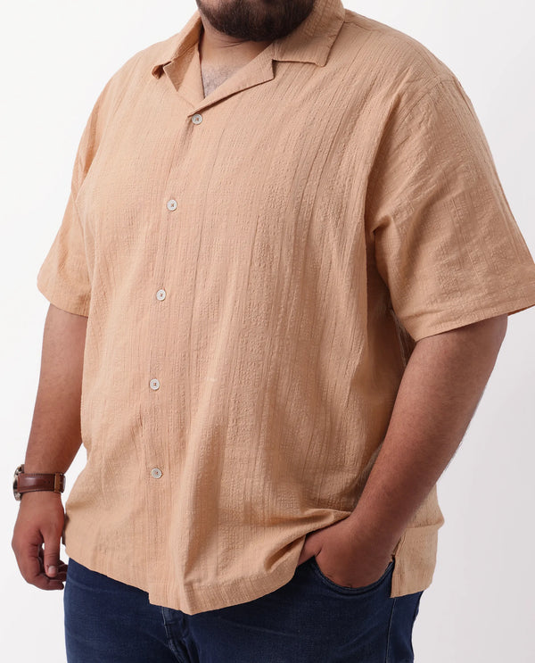 Rare Rabbit Men's Dara-L Dusky Peach Cotton Fabric Half Sleeve Cuban Collar Button Closure Plus Size Fit Checked Shirt
