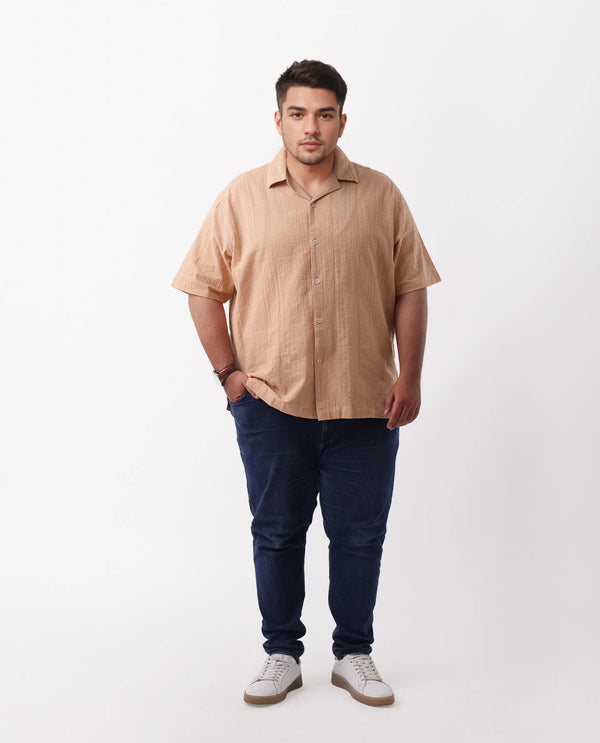 Rare Rabbit Men's Dara-L Dusky Peach Cotton Fabric Half Sleeve Cuban Collar Button Closure Plus Size Fit Checked Shirt