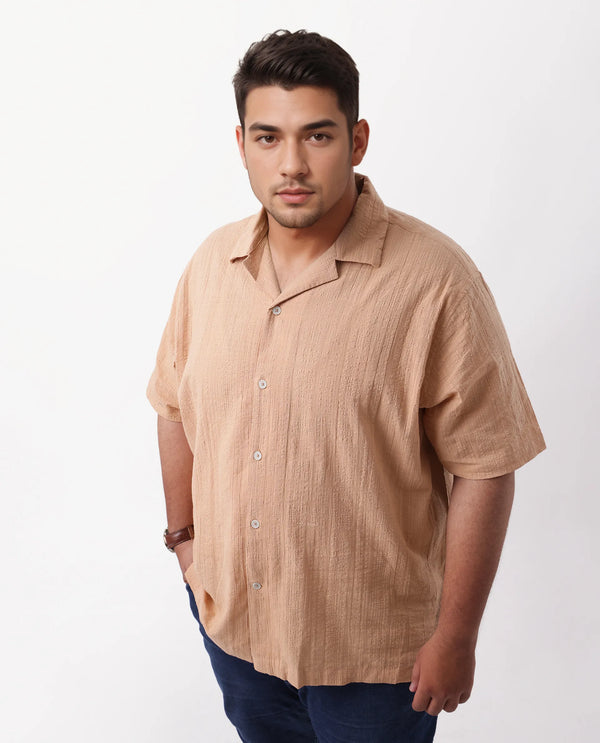Rare Rabbit Men's Dara-L Dusky Peach Cotton Fabric Half Sleeve Cuban Collar Button Closure Plus Size Fit Checked Shirt