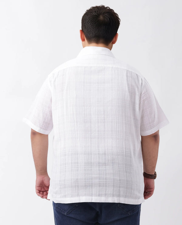 Rare Rabbit Men's Dara-L White Cotton Fabric Half Sleeve Cuban Collar Button Closure Plus Size Fit Checked Shirt