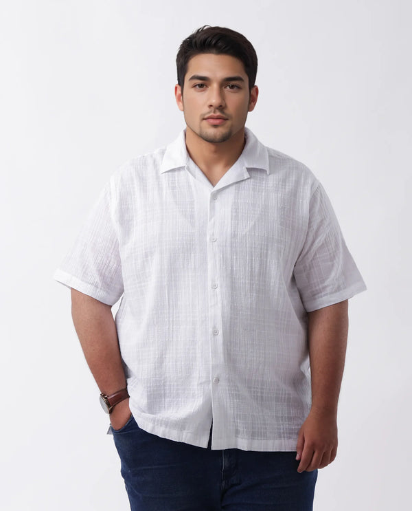 Rare Rabbit Men's Dara-L White Cotton Fabric Half Sleeve Cuban Collar Button Closure Plus Size Fit Checked Shirt