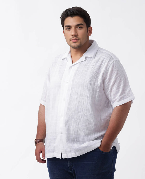 Rare Rabbit Men's Dara-L White Cotton Fabric Half Sleeve Cuban Collar Button Closure Plus Size Fit Checked Shirt