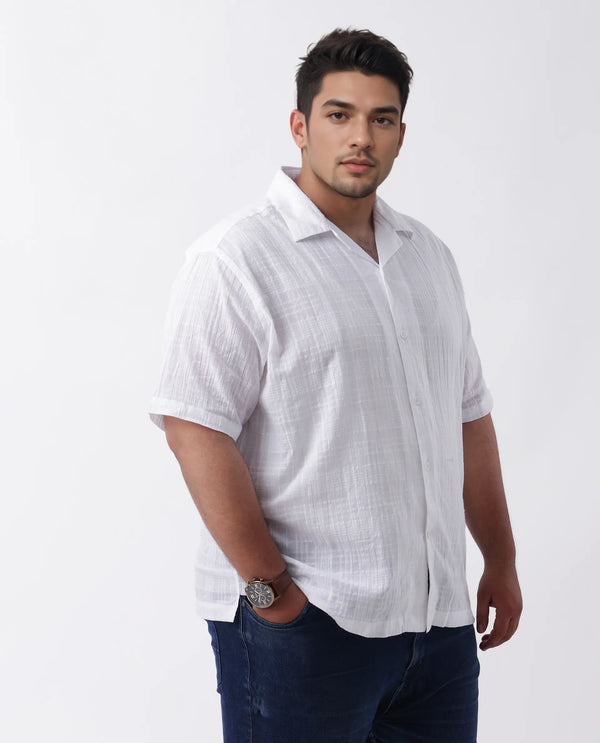 Rare Rabbit Men's Dara-L White Cotton Fabric Half Sleeve Cuban Collar Button Closure Plus Size Fit Checked Shirt