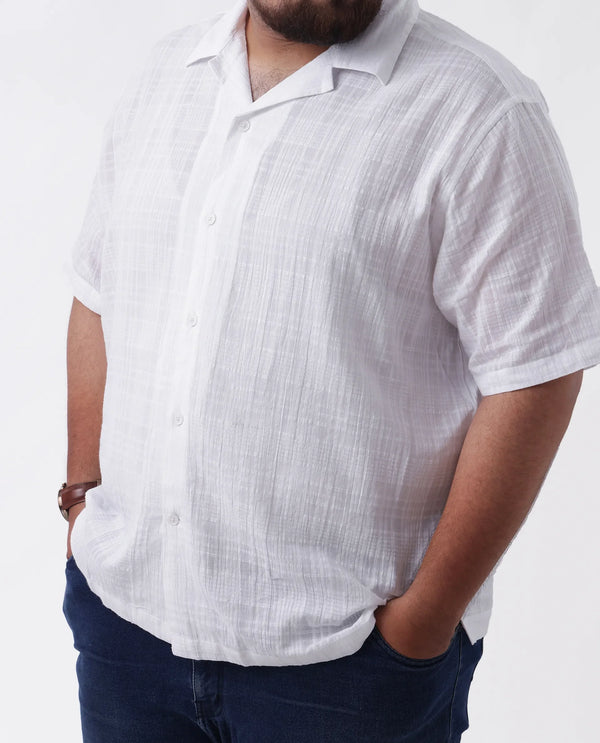 Rare Rabbit Men's Dara-L White Cotton Fabric Half Sleeve Cuban Collar Button Closure Plus Size Fit Checked Shirt