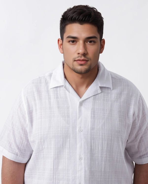 Rare Rabbit Men's Dara-L White Cotton Fabric Half Sleeve Cuban Collar Button Closure Plus Size Fit Checked Shirt