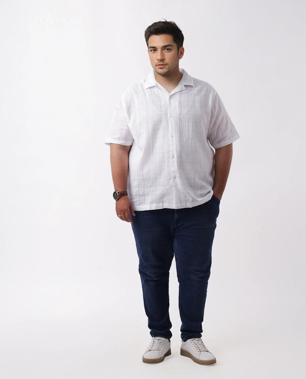 Rare Rabbit Men's Dara-L White Cotton Fabric Half Sleeve Cuban Collar Button Closure Plus Size Fit Checked Shirt