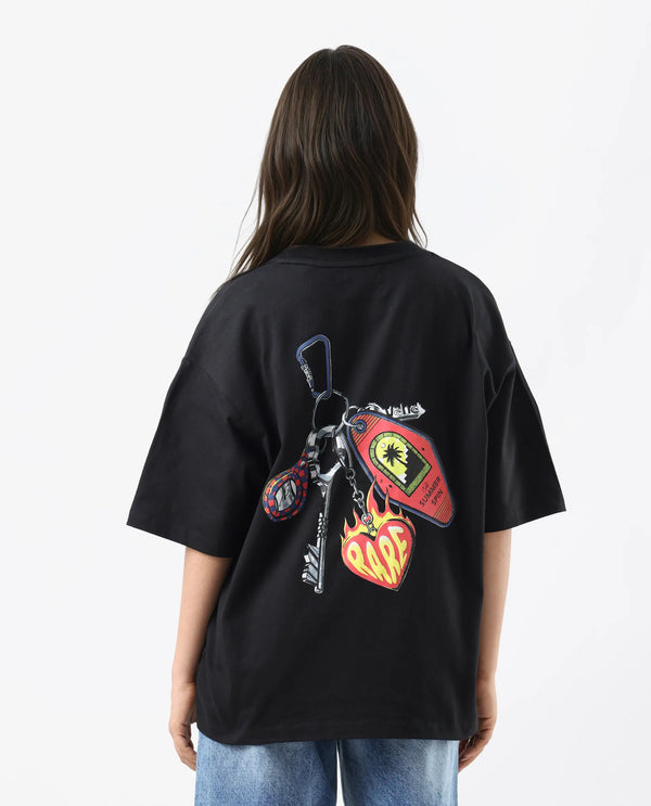 Rareism Women Tenk Black Pull On Closure Cotton Oversized Regular Graphic Print T-Shirt