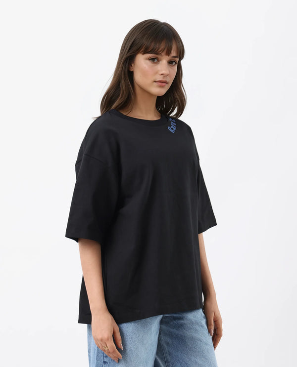 Rareism Women Tenk Black Pull On Closure Cotton Oversized Regular Graphic Print T-Shirt