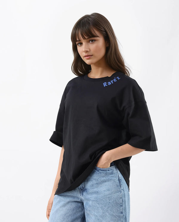 Rareism Women Tenk Black Pull On Closure Cotton Oversized Regular Graphic Print T-Shirt