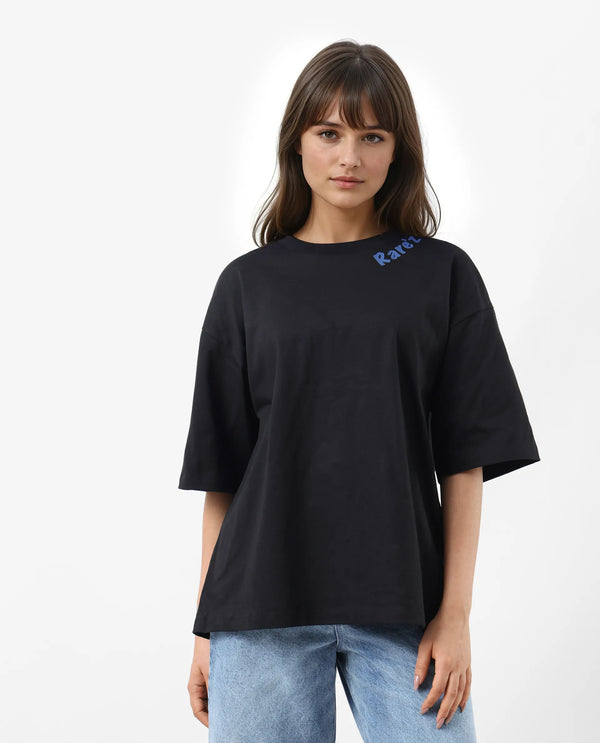 Rareism Women Tenk Black Pull On Closure Cotton Oversized Regular Graphic Print T-Shirt