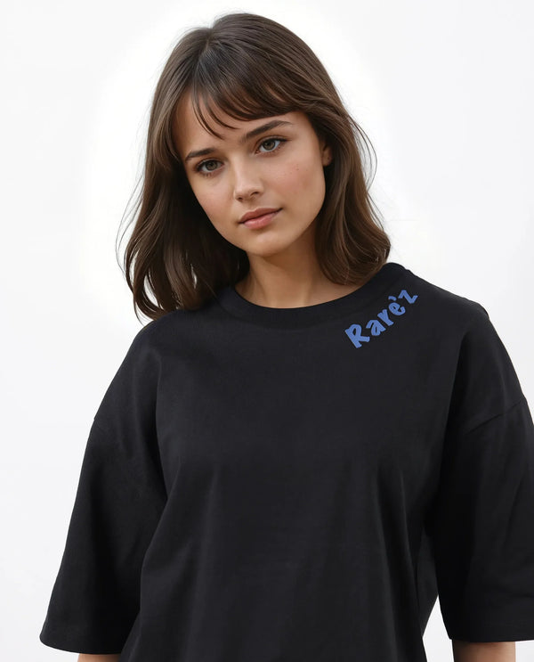 Rareism Women Tenk Black Pull On Closure Cotton Oversized Regular Graphic Print T-Shirt