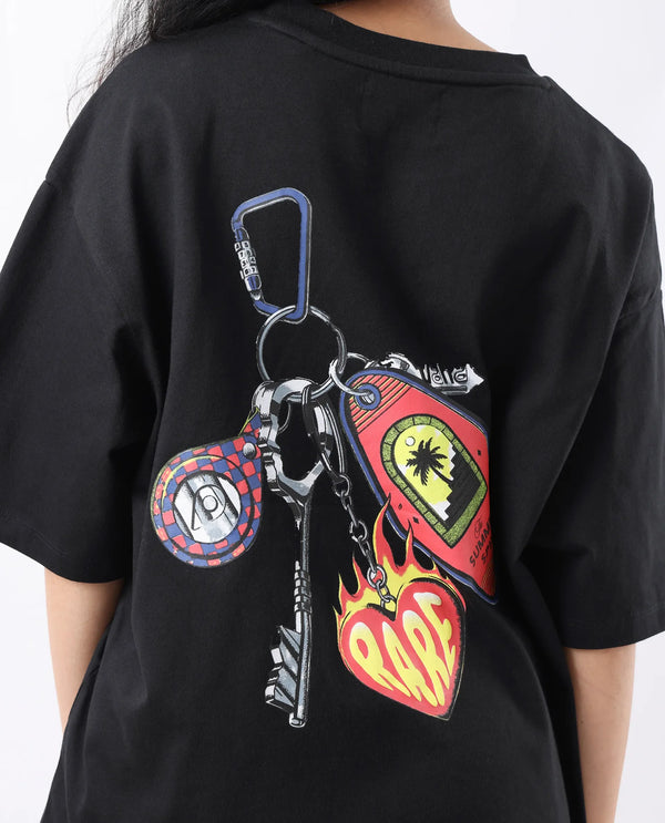 Rareism Women Tenk Black Pull On Closure Cotton Oversized Regular Graphic Print T-Shirt