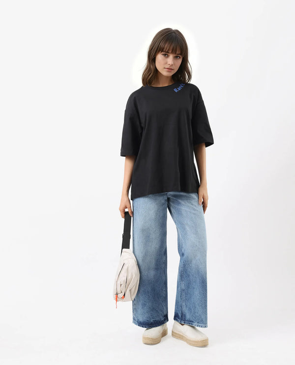 Rareism Women Tenk Black Pull On Closure Cotton Oversized Regular Graphic Print T-Shirt