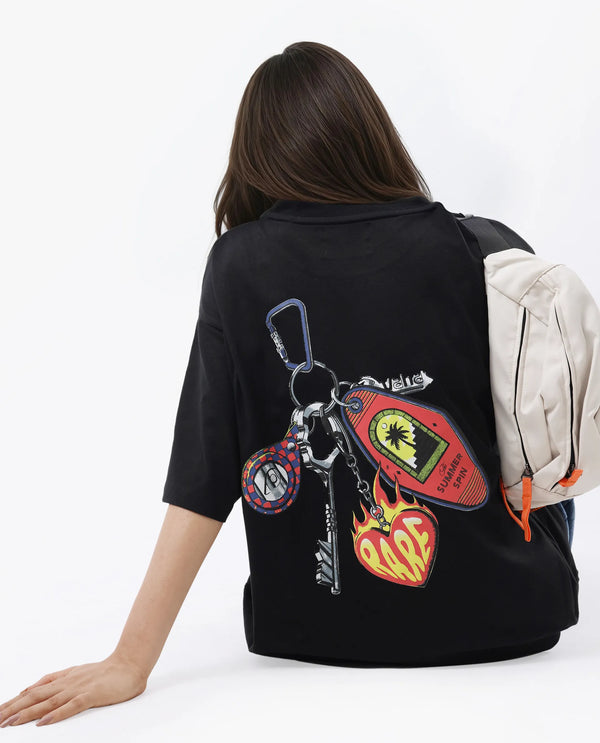 Rareism Women Tenk Black Pull On Closure Cotton Oversized Regular Graphic Print T-Shirt