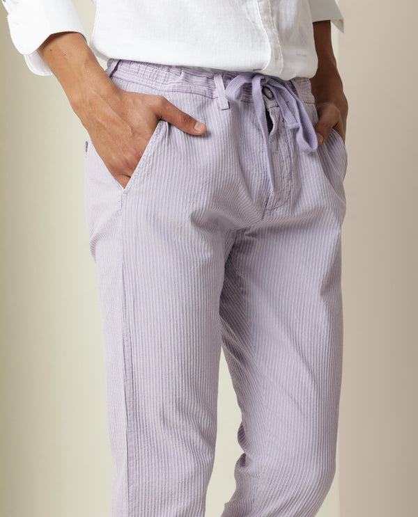 Rare Rabbit Men's Monter Pastel Purple Stripe Dobby Mid-Rise With Drawstring And Elastic Waistband Regular Fit Trouser