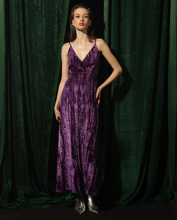 Rareism Women Harbo Purple Velvet Sleeveless Shoulder Straps Zipper Closure Fit And Flare Maxi Plain Dress
