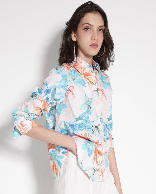 Rareism Women Abbi-SC Off White Cuffed Sleeve Collared Collar Button Relaxed Fit Floral Print Top