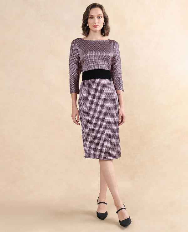 Rareism Women Abovyan Wine Polyester Fabric Full Sleeve Boat Neck Zipper Closure Straight Fit Midi Geometric Print Dress