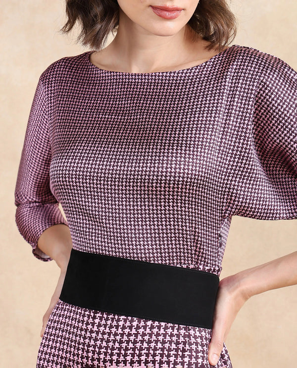 Rareism Women Abovyan Wine Polyester Fabric Full Sleeve Boat Neck Zipper Closure Straight Fit Midi Geometric Print Dress
