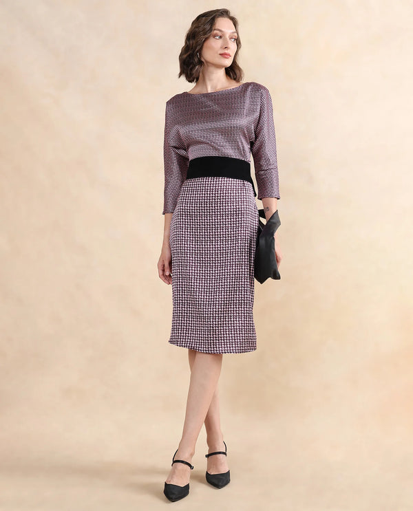 Rareism Women Abovyan Wine Polyester Fabric Full Sleeve Boat Neck Zipper Closure Straight Fit Midi Geometric Print Dress