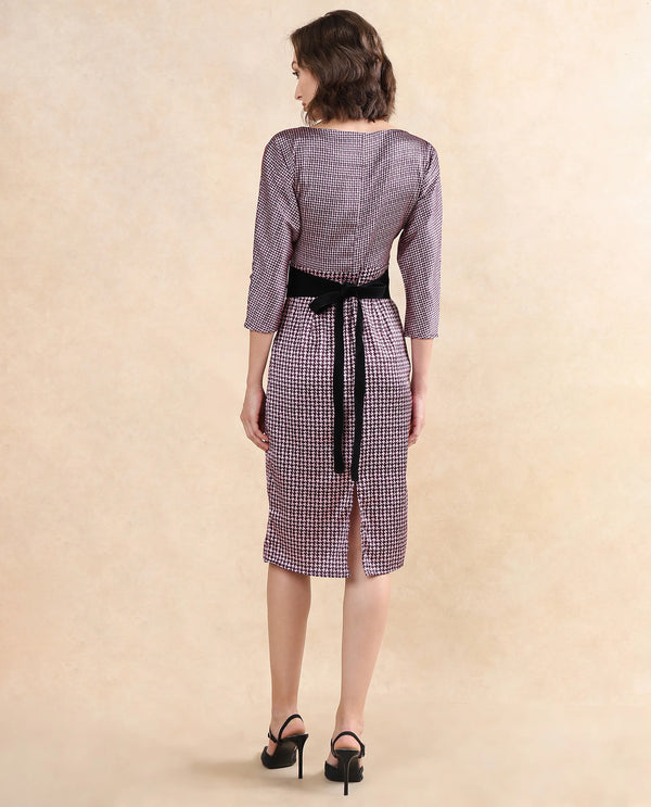 Rareism Women Abovyan Wine Polyester Fabric Full Sleeve Boat Neck Zipper Closure Straight Fit Midi Geometric Print Dress
