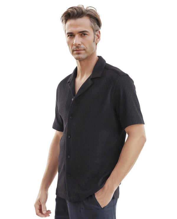 Rare Rabbit Men Abuj Black Cotton Cuban Poly Fabric Short Sleeve Boxy Fit Solid Shirt