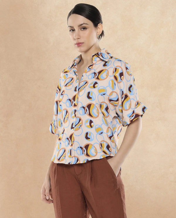 Rareism Women Abuto-T Light Multi Short Sleeve Collared Neck Button Closure Abstract Print Shirt