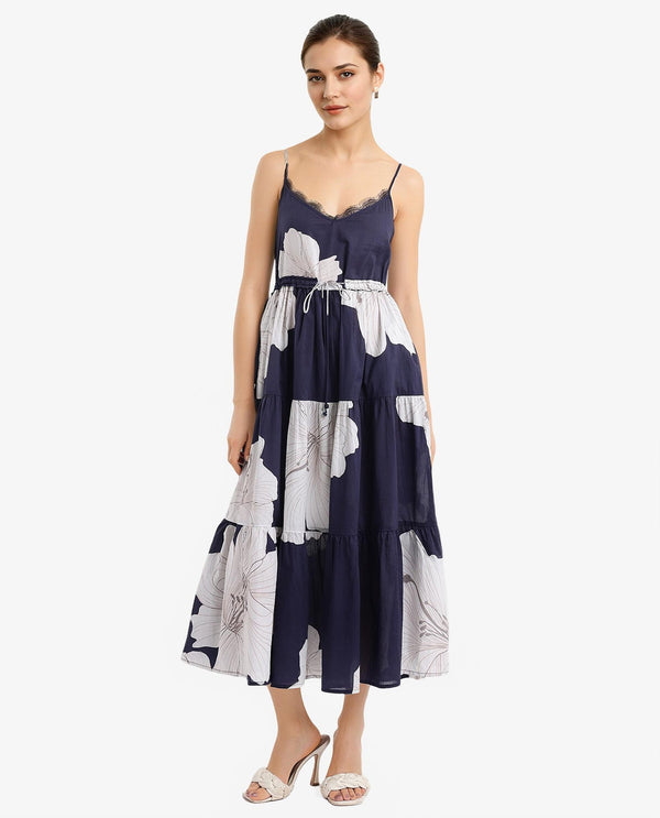 Rareism Women's Acker Navy Cotton Fabric V-Neck Slip-On Closure Sleeveless Floral Print Relaxed Fit Midi Dress