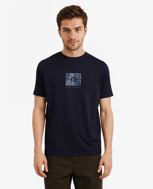 Rare Rabbit Men Ack Navy Cotton Blend Fabric Short Sleeve Crew Neck Logo Print T-Shirt