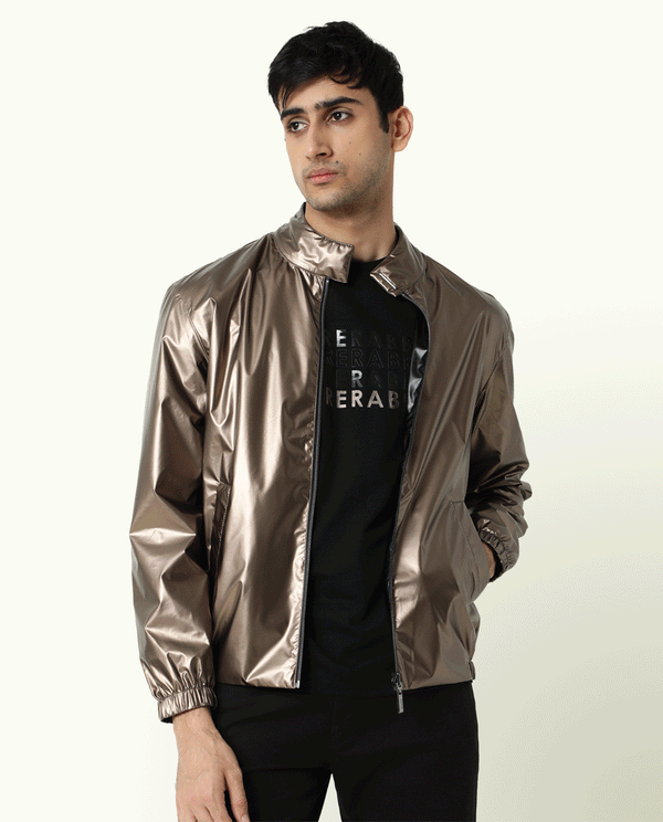 Rare Rabbit Men's Adam Gold Plain Metallic Band Collar Reversible Jacket