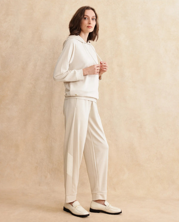 Rareism Women Adani Off White Modal Lycra Fabric Full Sleeve Hooded Relaxed Fit Plain Sweatshirt