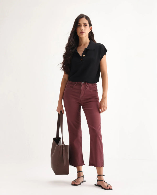 Rareism Women Admiral Maroon Cotton Lycra Fabric Mid Rise Solid Regular Fit Ankle Length Jeans