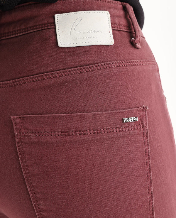 Rareism Women Admiral Maroon Cotton Lycra Fabric Mid Rise Solid Regular Fit Ankle Length Jeans