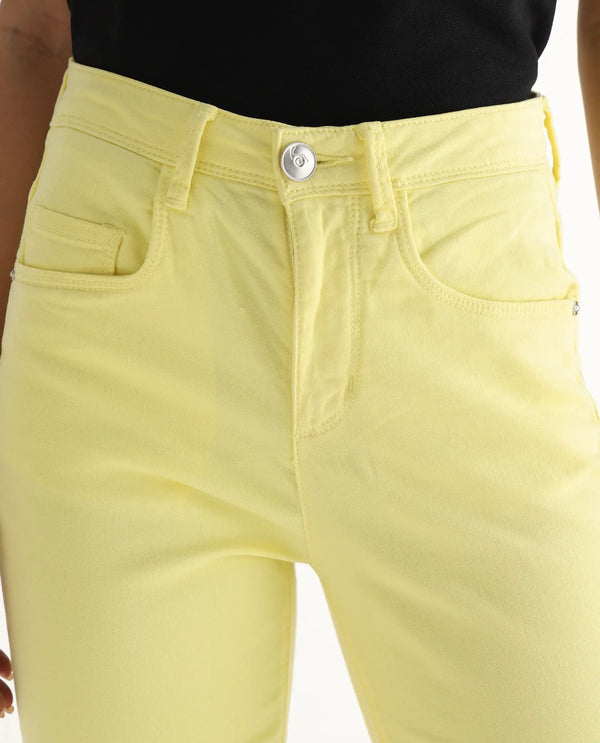 Rareism Women Admiral Light Yellow Cotton Lycra Fabric Mid Rise Solid Regular Fit Ankle Length Jeans