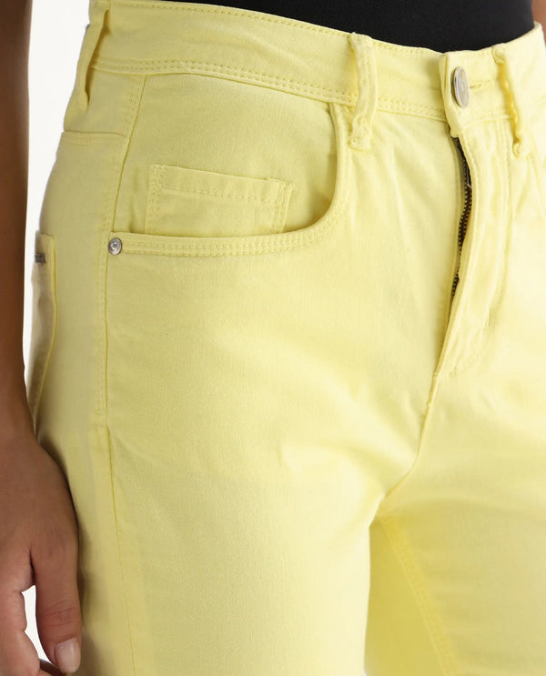 Rareism Women Admiral Light Yellow Cotton Lycra Fabric Mid Rise Solid Regular Fit Ankle Length Jeans