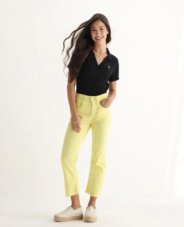 Rareism Women Admiral Light Yellow Cotton Lycra Fabric Mid Rise Solid Regular Fit Ankle Length Jeans