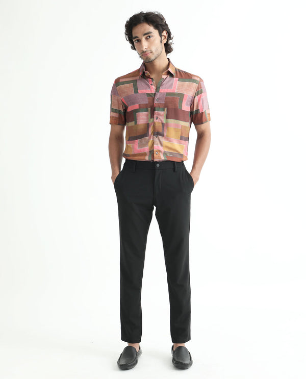 Rare Rabbit Men's Aether Mustard Viscose Fabric Abstract Print Half Sleeves Shirt