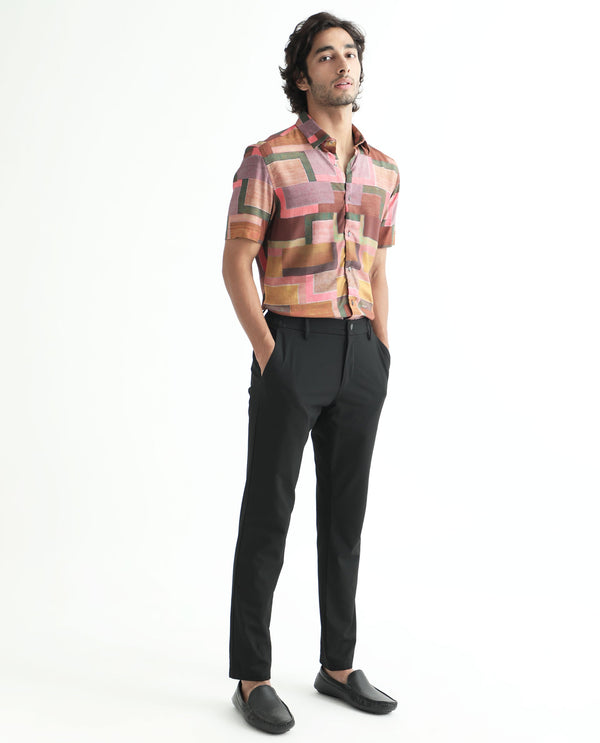 Rare Rabbit Men's Aether Mustard Viscose Fabric Abstract Print Half Sleeves Shirt