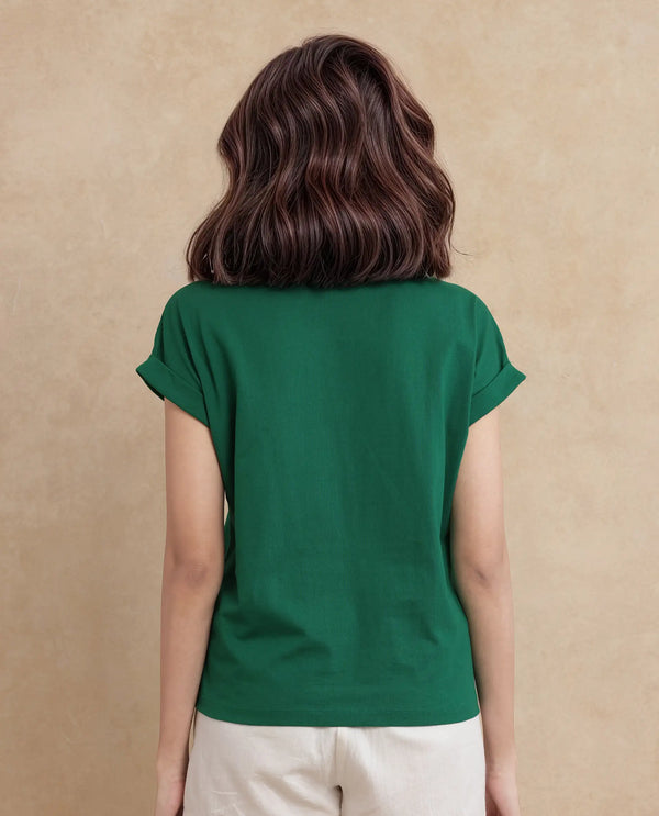 Rareism Women Bhars Green Cotton Lycra Fabric Extended Sleeves Crew Neck Typography T-Shirt