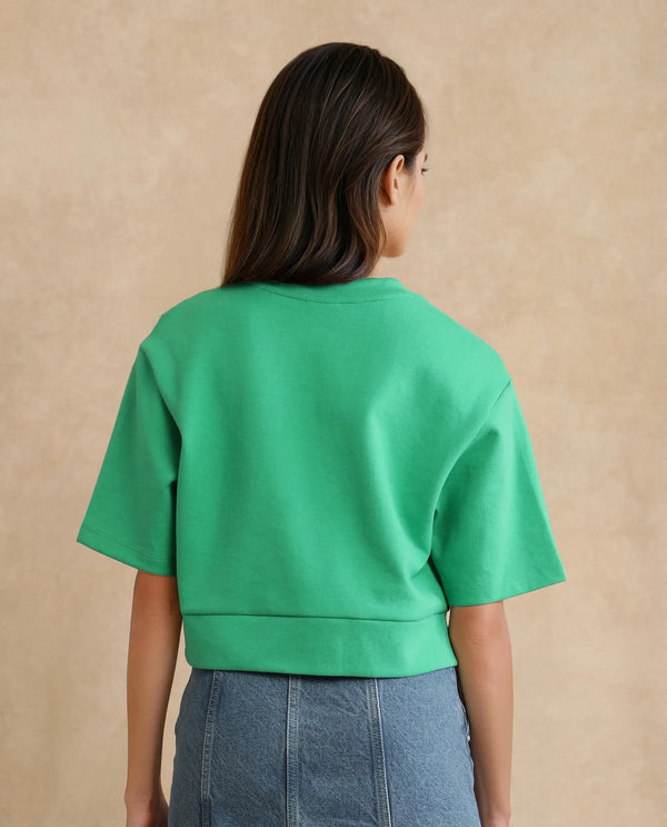 Rareism Women Afkor-T Green Cotton Poly Fabric Half Sleeve Crew Neck Cropped Plain T-Shirt