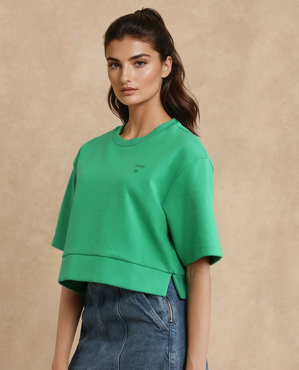 Rareism Women Afkor-T Green Cotton Poly Fabric Half Sleeve Crew Neck Cropped Plain T-Shirt