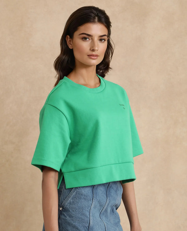 Rareism Women Afkor-T Green Cotton Poly Fabric Half Sleeve Crew Neck Cropped Plain T-Shirt