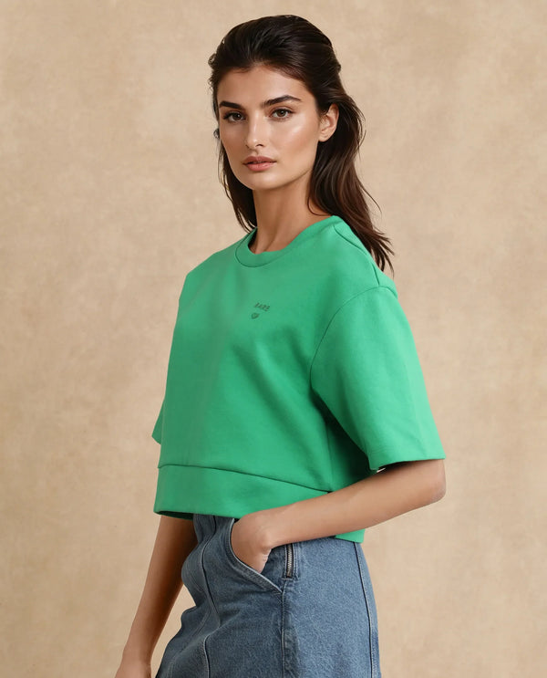 Rareism Women Afkor-T Green Cotton Poly Fabric Half Sleeve Crew Neck Cropped Plain T-Shirt