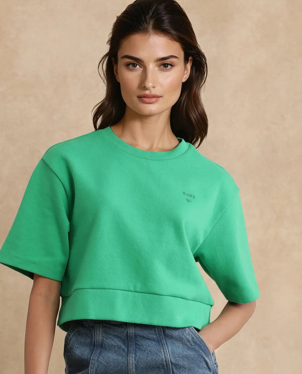 Rareism Women Afkor-T Green Cotton Poly Fabric Half Sleeve Crew Neck Cropped Plain T-Shirt