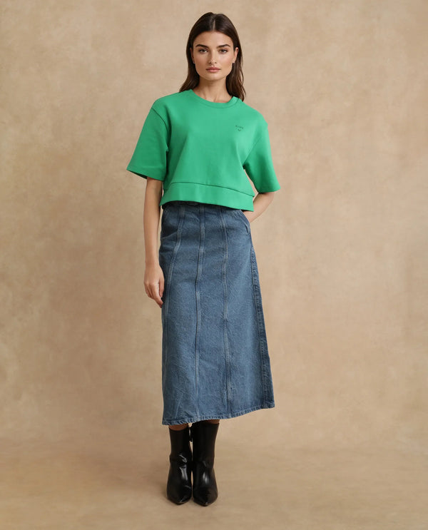 Rareism Women Afkor-T Green Cotton Poly Fabric Half Sleeve Crew Neck Cropped Plain T-Shirt