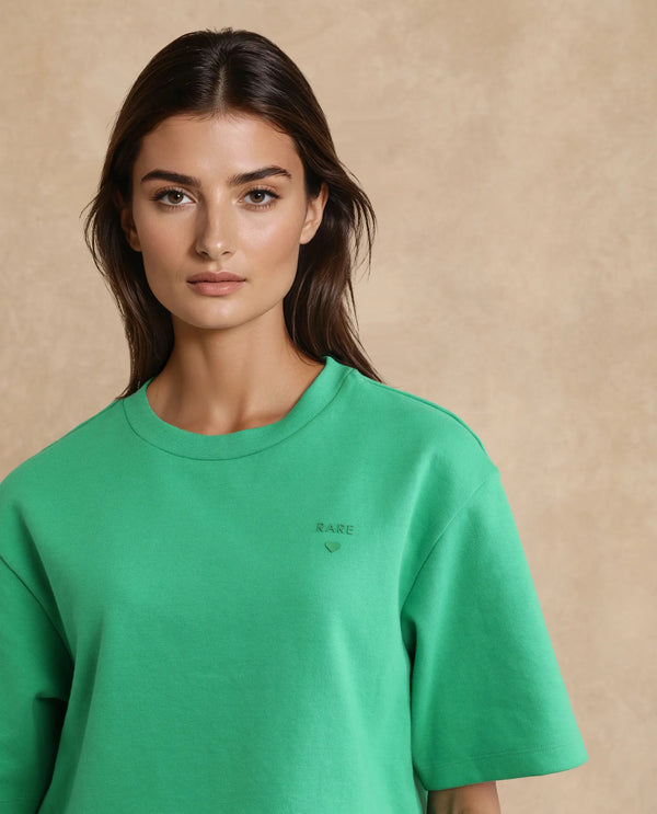 Rareism Women Afkor-T Green Cotton Poly Fabric Half Sleeve Crew Neck Cropped Plain T-Shirt