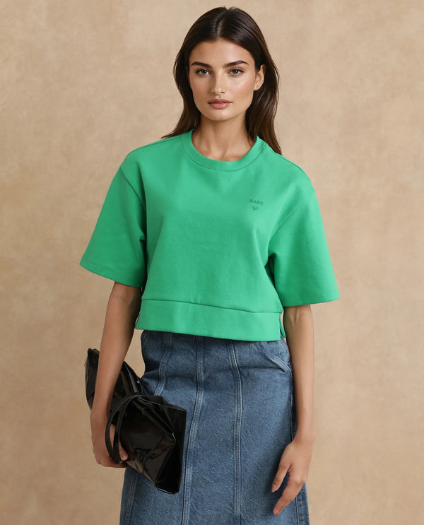 Rareism Women Afkor-T Green Cotton Poly Fabric Half Sleeve Crew Neck Cropped Plain T-Shirt