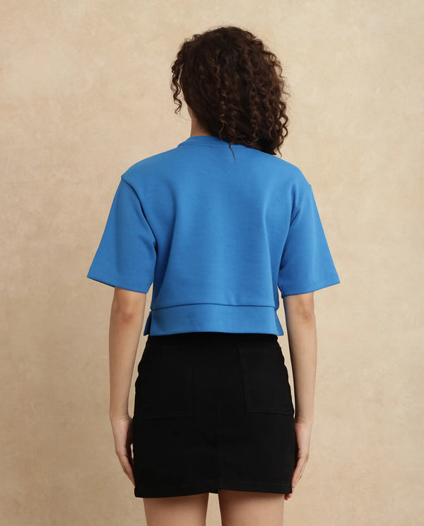 Rareism Women Afrib Blue Cotton Poly Fabric Half Sleeve Crew Neck Cropped Plain T-Shirt